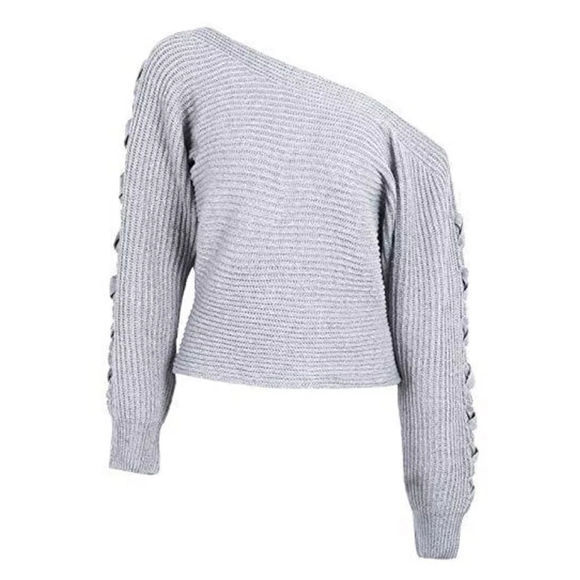 Sexy Knitted Lace Up Sweater Off Shoulder Style - Picture 3 of 8